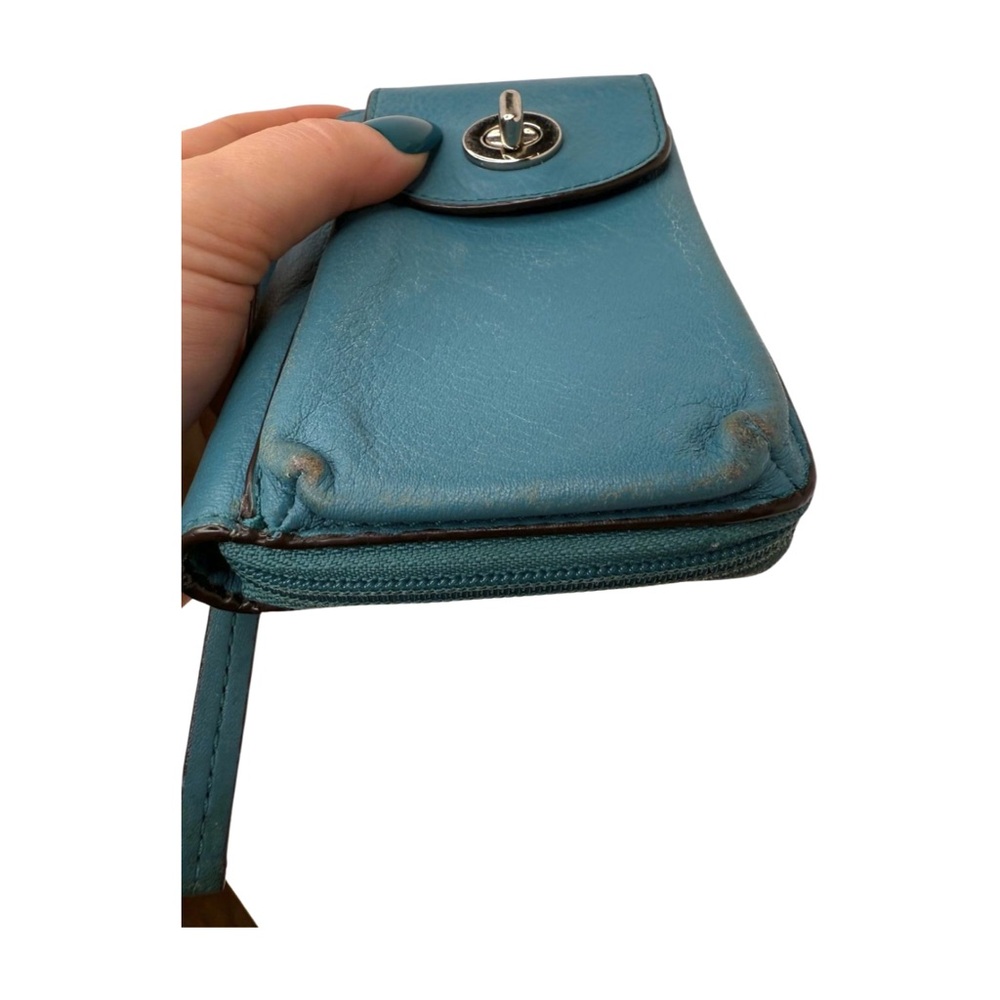 Coach Teal Blue Leather Turnlock Wristlet Wallet Zip Around ID Window - Picture 7 of 13